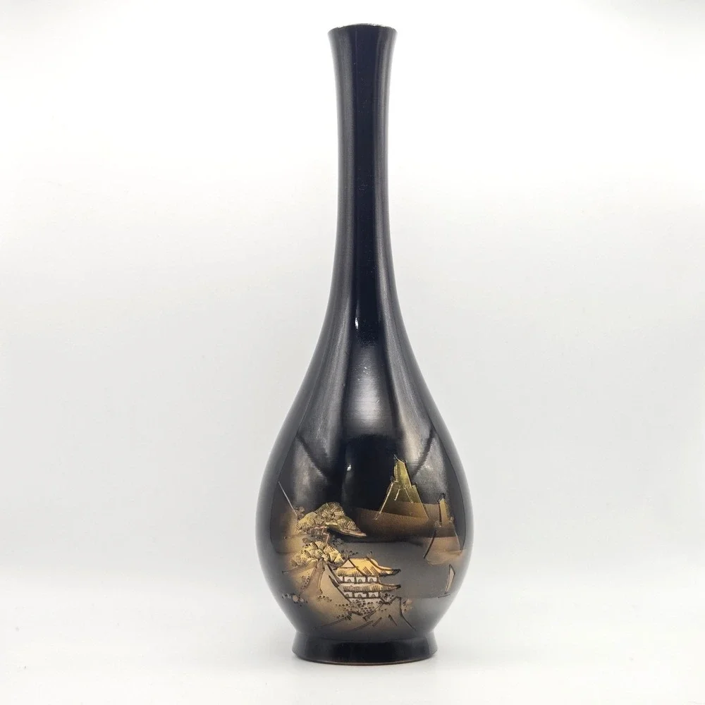 Vintage Japanese Black Enamel Brass Bud Vase Etched Pagoda Landscape Scene Japan